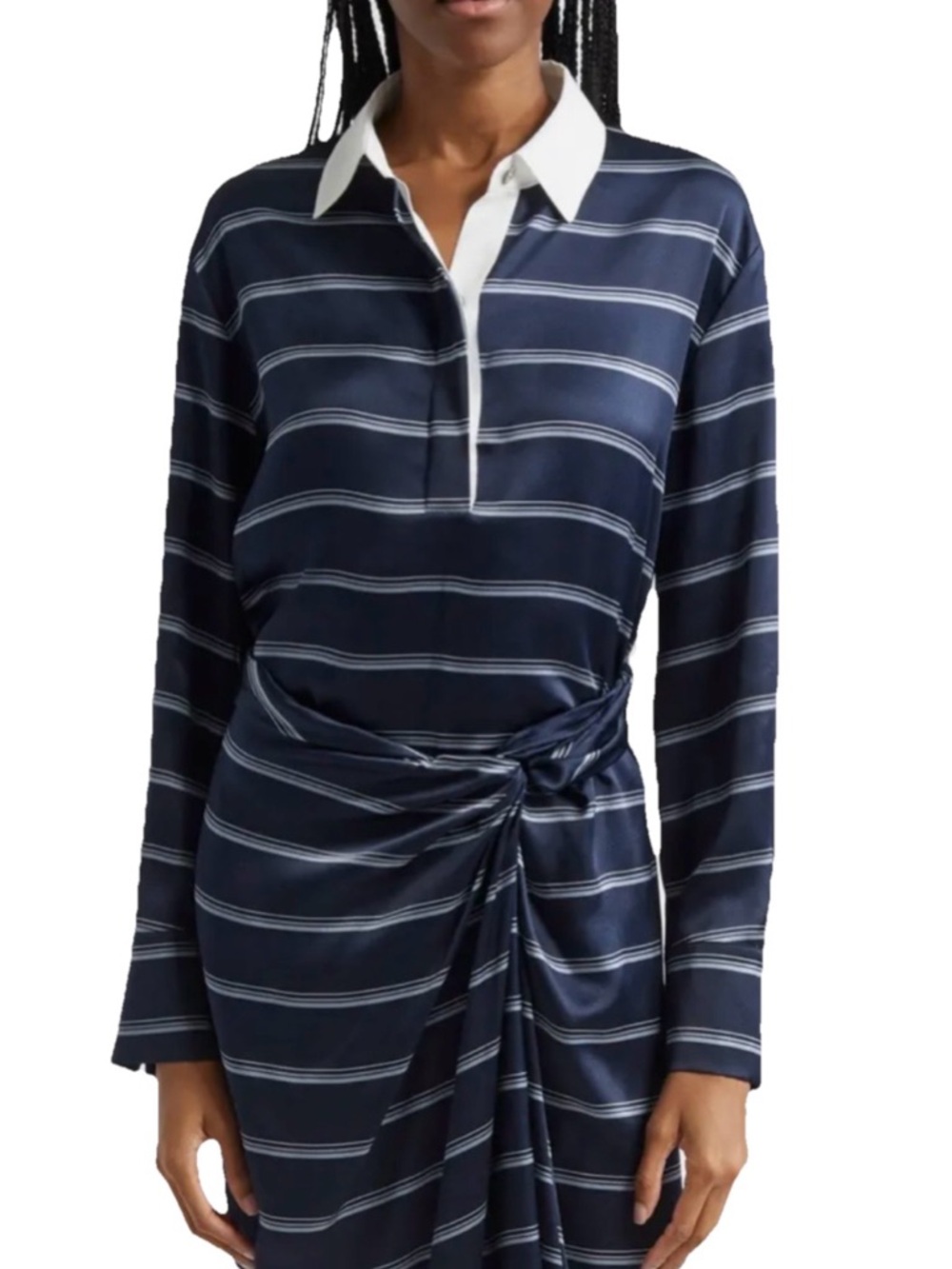 Vince Stripe Silk Rugby Shirt Striped Navy Blue Polo Top White Collar Size XS